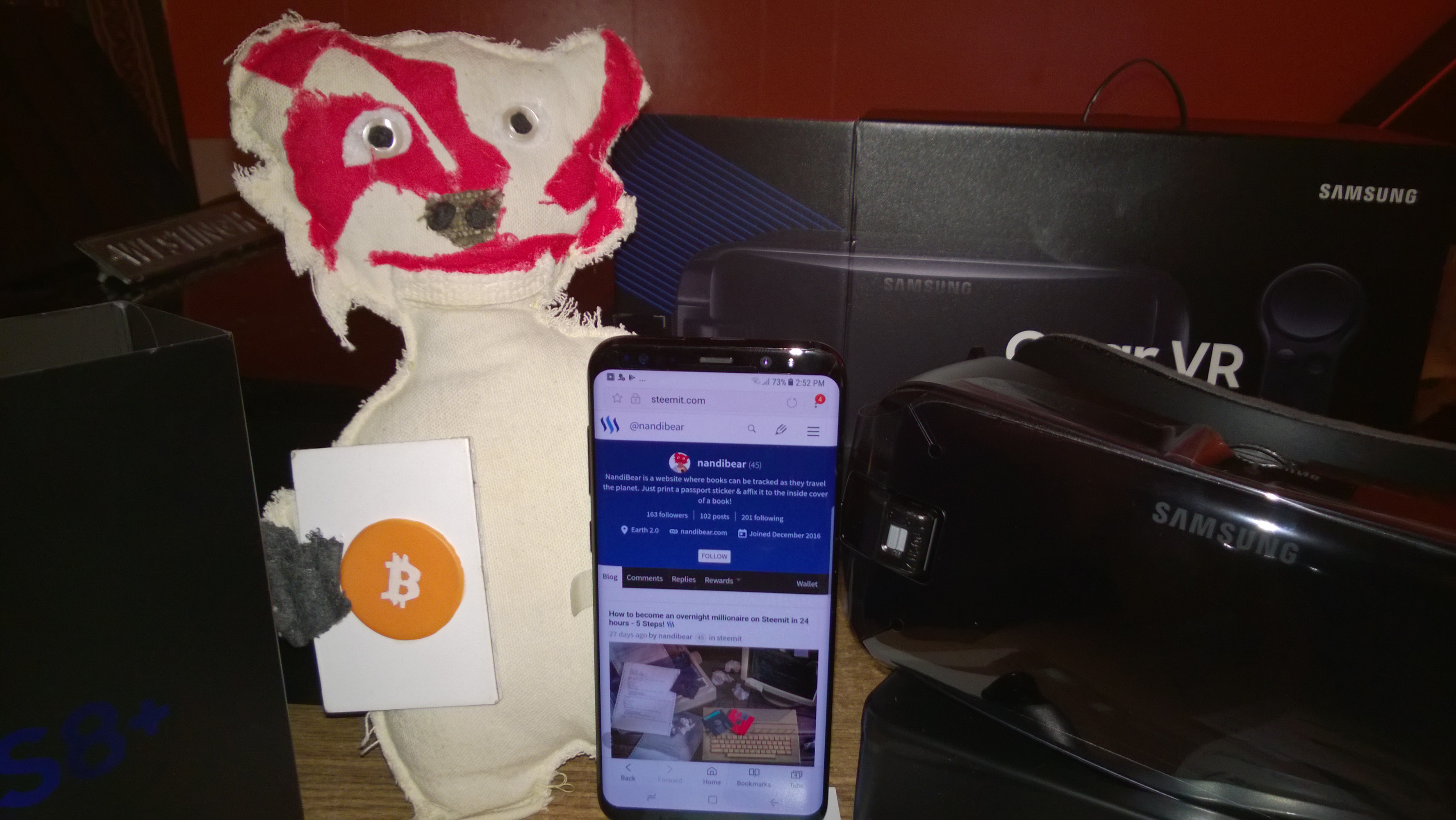 Nandi Bear and his new Samsung Galaxy s8 PLUS US unlocked and Gear VR virtual reality headset with controller Nandibear