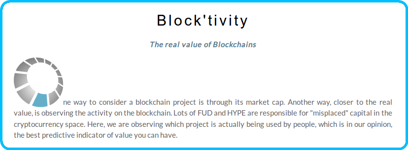 Blocktivity.info - The other face of the Blockchain and perhaps the real value of Blockchains versus market capitalization